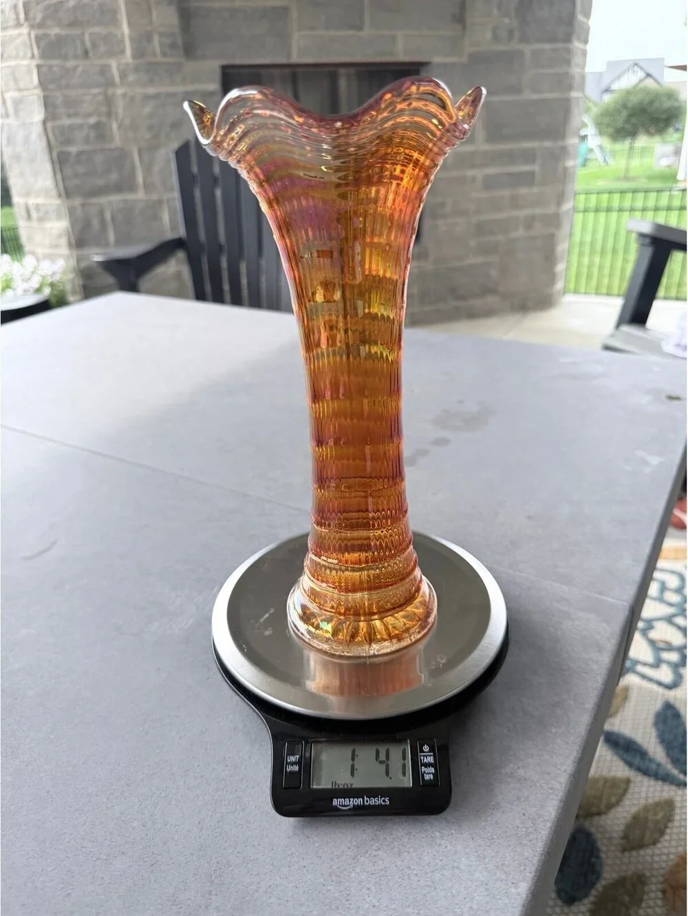 Vintage Marigold Carnival Glass Ribbed Ruffled Vase Iridescent Art Glass